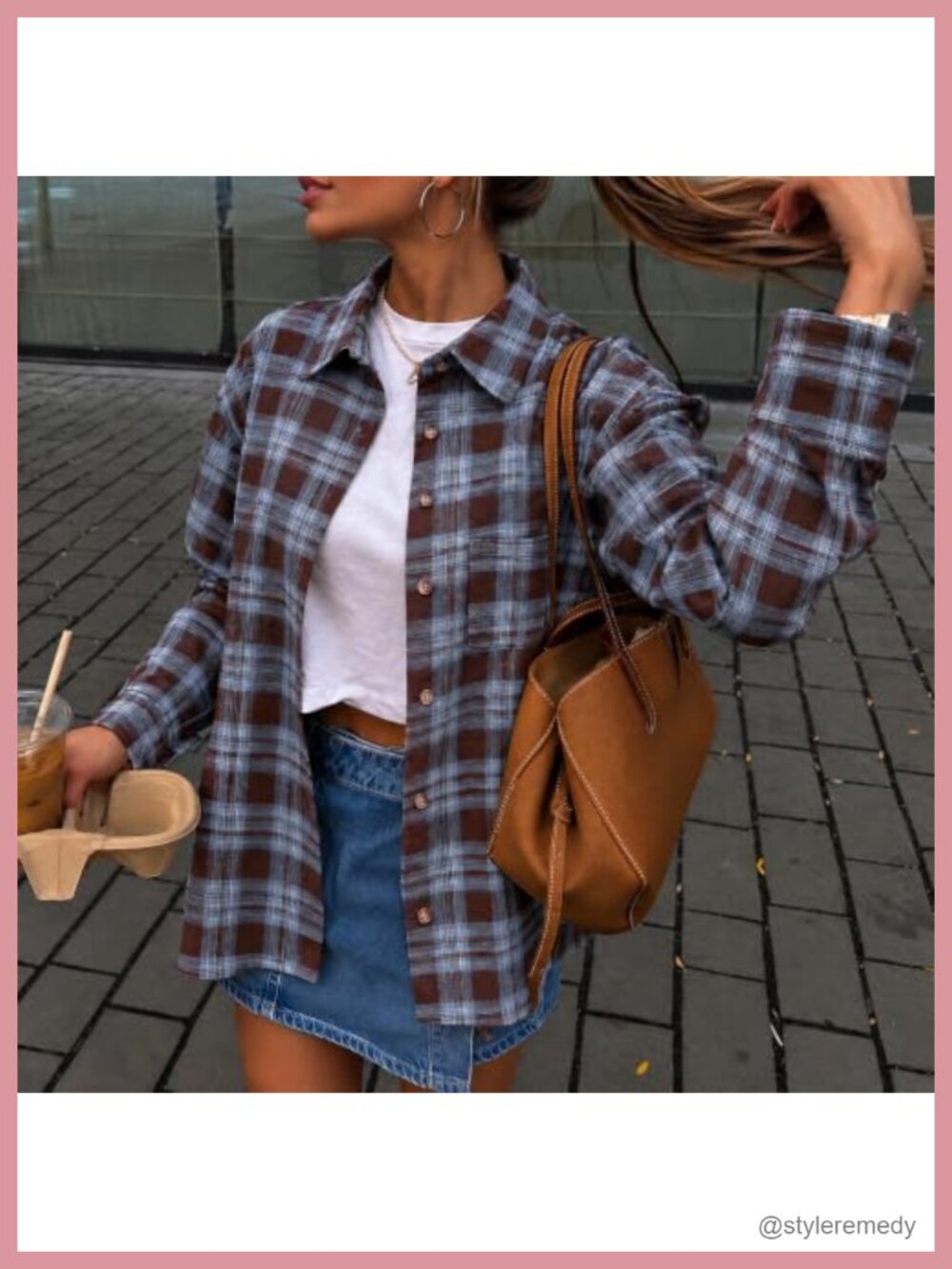 Plaid Button Down Shirt Long Sleeve Curved Hem Shacket Relaxed Fit - Picture 2 of 6
